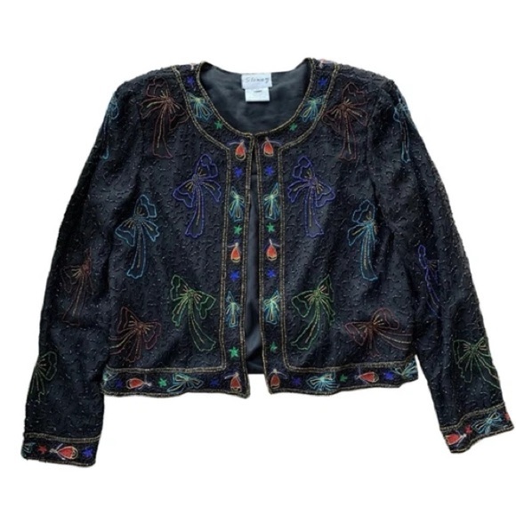 Stenay Jackets & Blazers - Vtg Stenay Silk Beaded Embroidered Bows Bells Cropped Formal Jacket Black Size M